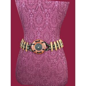 Vintage Wood Brass Concho Large Medallion Belt One Size Adjustable